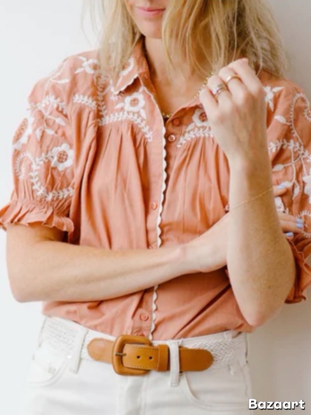 THE GREAT.  Kerchief Top ~ Sandy Peach Western Embroidery 🌸🤍 SIZE1
